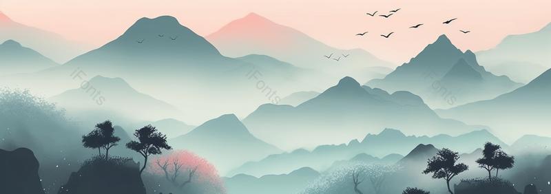 青绿色水墨山水风景画,插画/手绘图,插画/手绘图库,插画/手绘图下载,插画/手绘